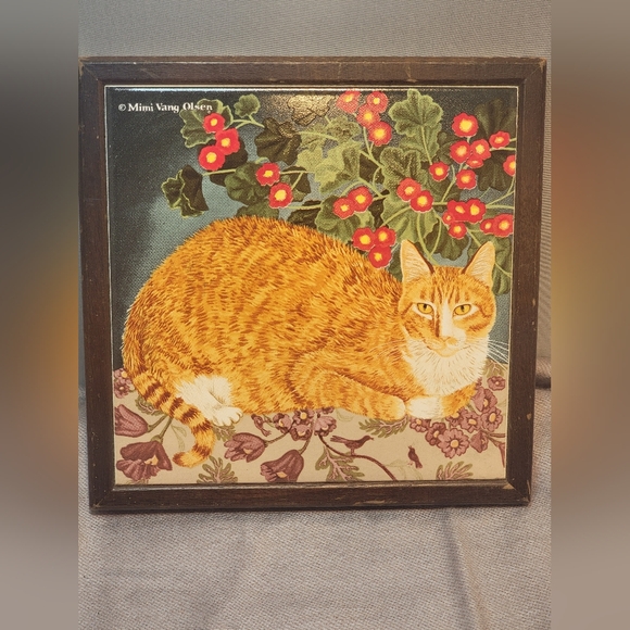 Mimi Vang Olsen Orange Tabby Cat Ceramic Tile Trivet Wood Frame 7x7 Vintage - Picture 1 of 8